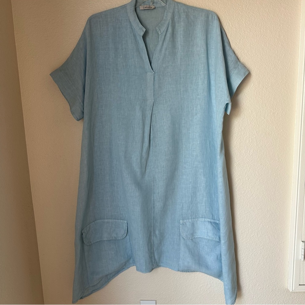 Liabella Linen Dress Lagenlook Asymmetrical Pockets Womens One Size Purist Blue
